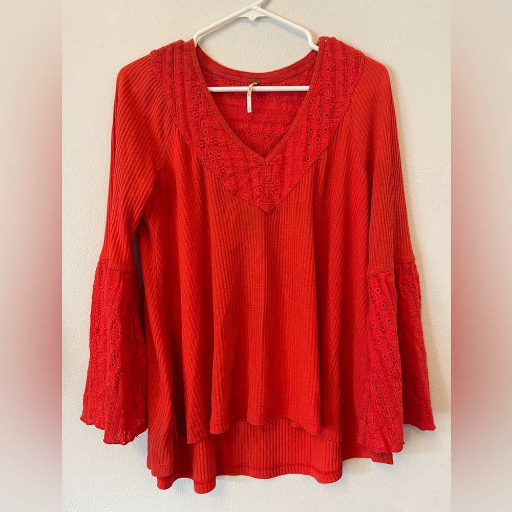 Free People small boho red bell sleeve embroidered blouse v neck eyelet detail